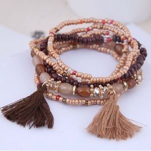 New Brown & Gold Tassel Beaded Bracelet Set